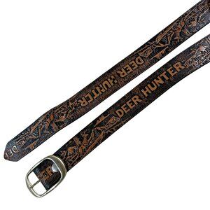 Vintage Leather Tooled Belt Deer Hunter 36"- 40" Waist Brown Made in USA